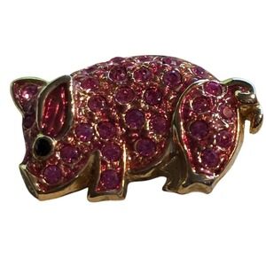Vintage Pink Rhinestone Pig Brooch Pin Gold Tone Animal Jewelry